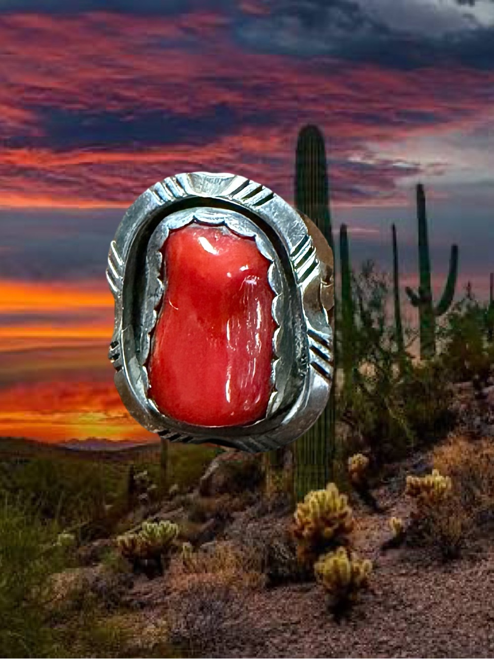 Navajo Sterling Silver Mediterranean Coral Ring Size 4 1/4.